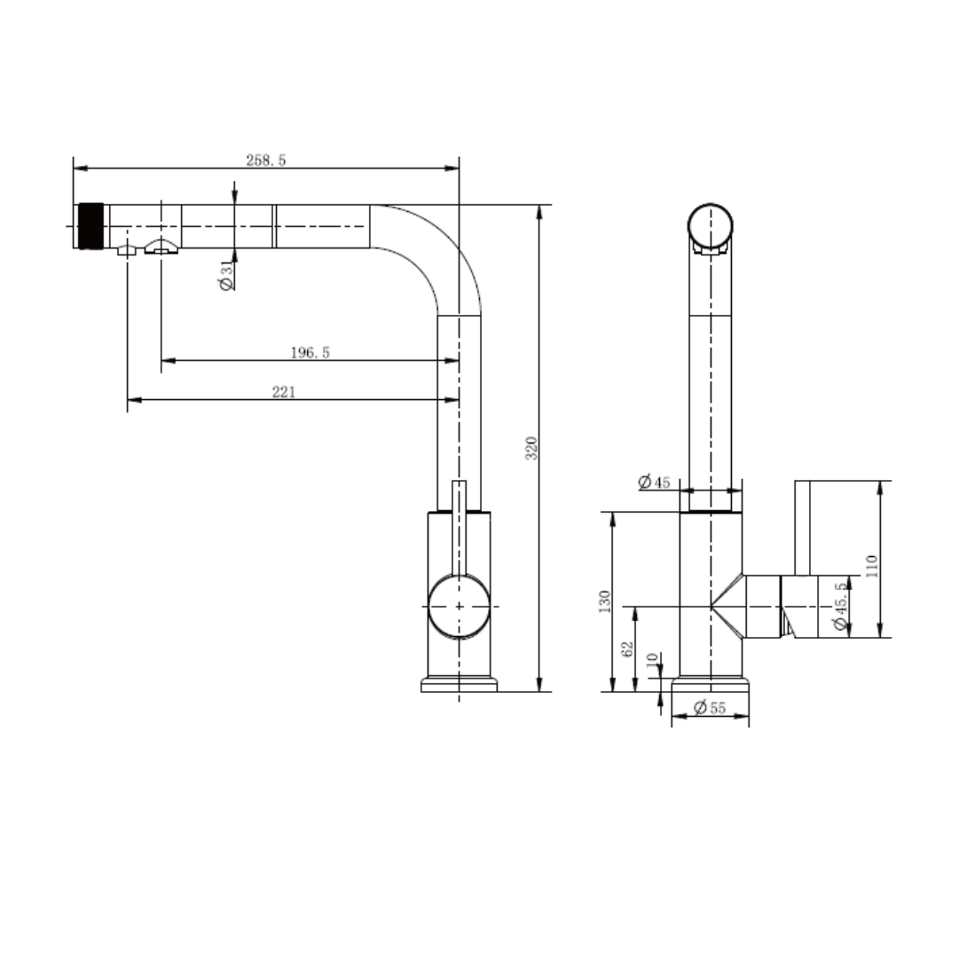 3-Wege-Hahn Medusa Zeichnung mit Bemaßung und genauen Details zur Schwenkbarkeit etc.