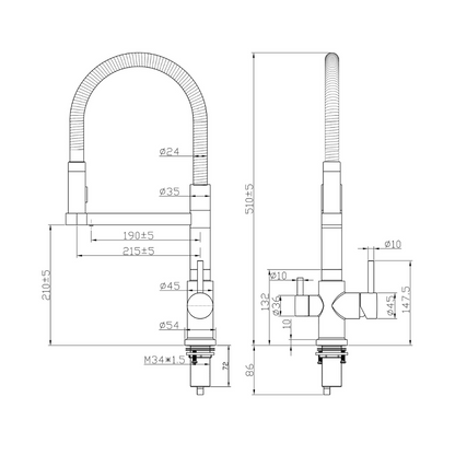 3-Wege-Hahn Altea Zeichnung mit Bemaßung und genauen Details zur Schwenkbarkeit etc.