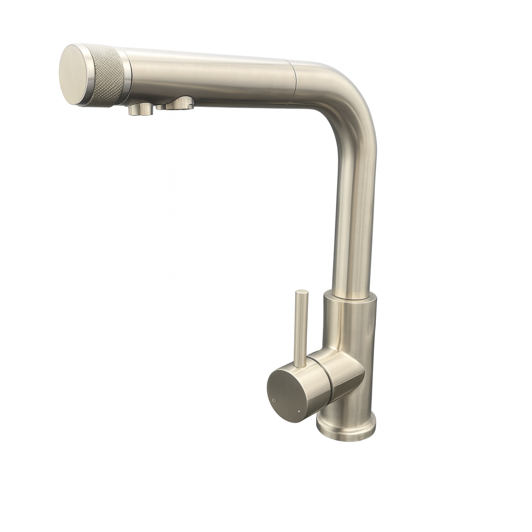 3-Wege-Hahn Medusa ausziehbarer Hahn, nach links ausgerichtet und Drehventil vorne um auf Filterwasser umzustellen.