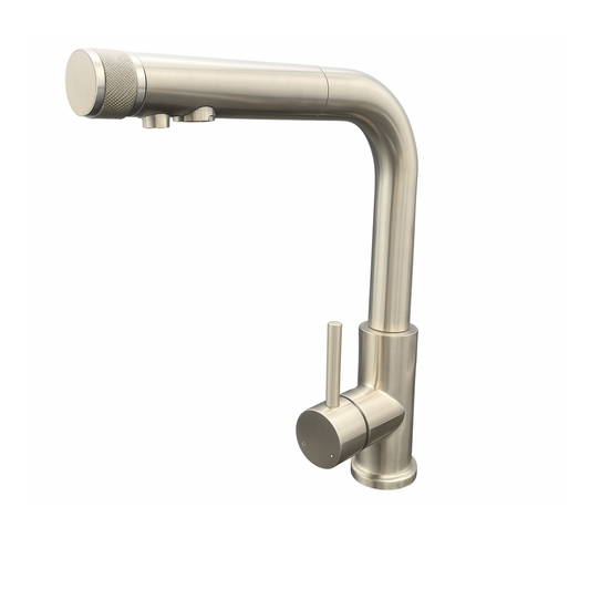 3-Wege-Hahn Medusa ausziehbarer Hahn, nach links ausgerichtet und Drehventil vorne um auf Filterwasser umzustellen.