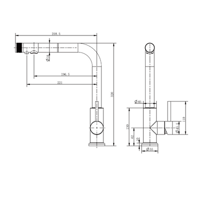 3-Wege-Hahn Medusa Zeichnung mit Bemaßung und genauen Details zur Schwenkbarkeit etc.