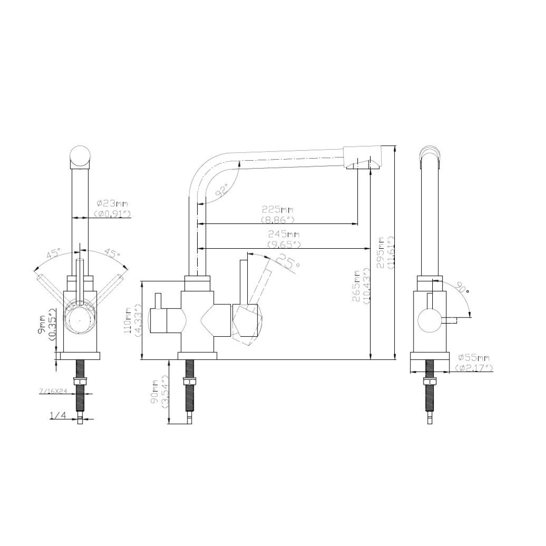 3-Wege-Hahn Poseidon Zeichnung mit Bemaßung und genauen Details zur Schwenkbarkeit etc.
