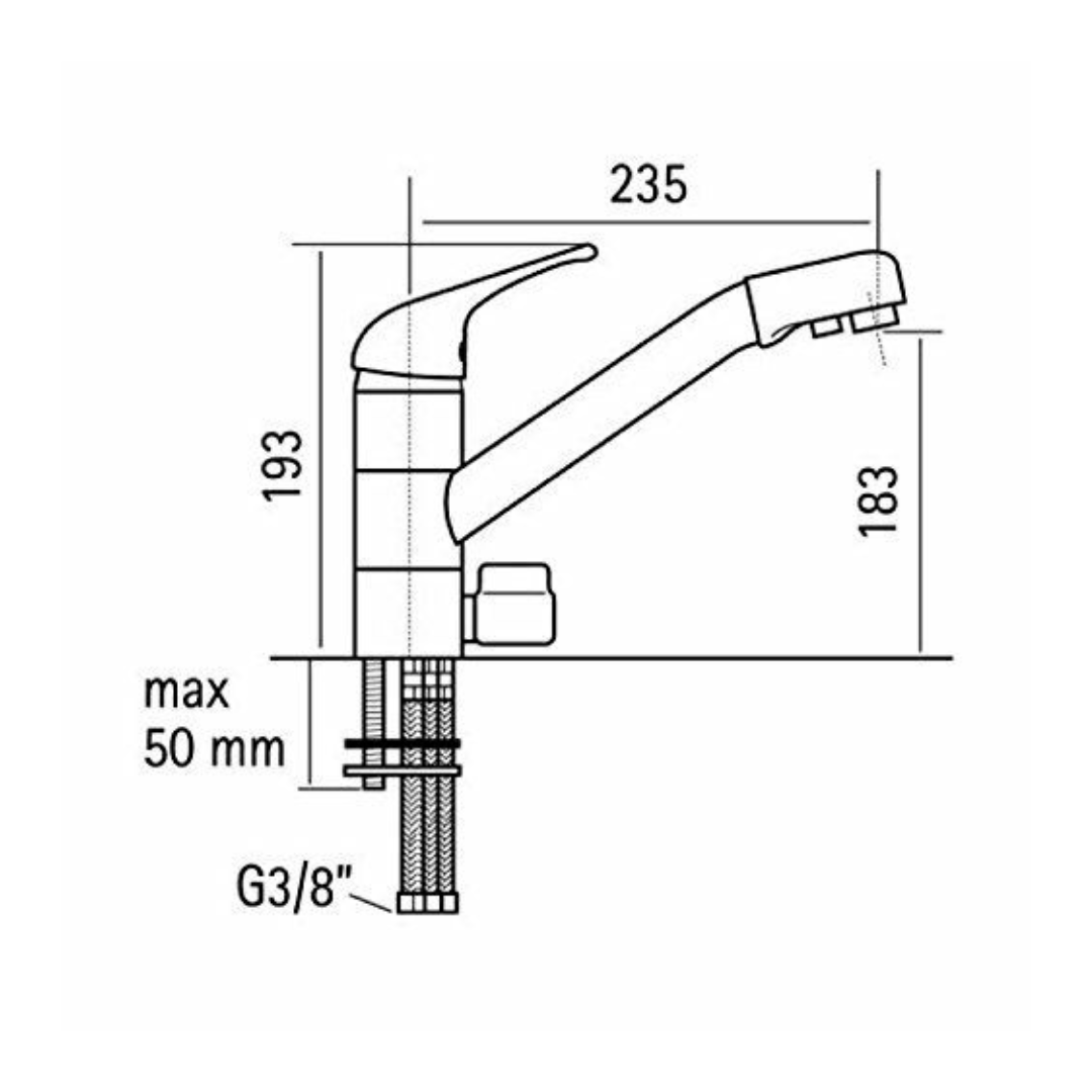 3-Wege-Hahn Sina Zeichnung mit Bemaßung und genauen Details zur Schwenkbarkeit etc.