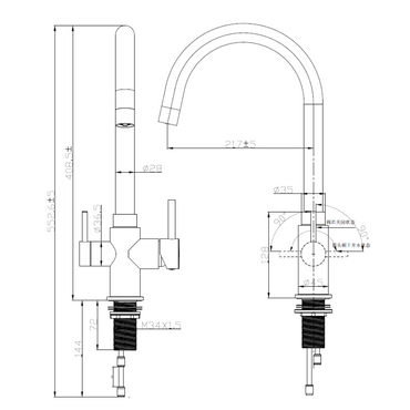 4-Wege-Hahn Neptun Zeichnung mit Bemaßung und genauen Details zur Schwenkbarkeit etc.