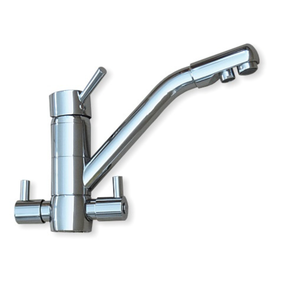 4-Wege-Hahn Prisma schwenkbar, nach rechts ausgerichtet, mit zwei Drehventilen links und rechts