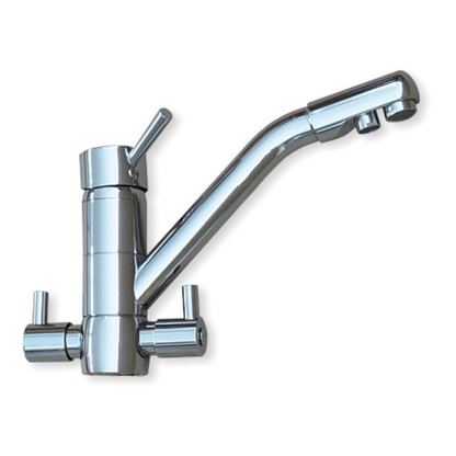 4-Wege-Hahn Prisma schwenkbar, nach rechts ausgerichtet, mit zwei Drehventilen links und rechts