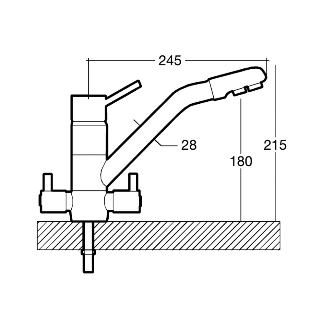 4-Wege-Hahn Prisma Zeichnung mit Bemaßung und genauen Details zur Schwenkbarkeit etc.
